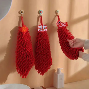 Chinese Style Red Chenille Hand Towel Hanging Festive Handkerchief Kitchen Bathroom New Year Lion Dance Hand Towel