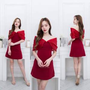 ชุดเดรส ชุดออกงาน ชุดราตรี F275 เกาะอก แต่งออแกนดี้อ้อมแขน มีฟองน้ำ