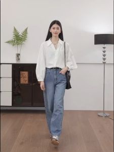 【Hermarou】French Long Sleeved V Neck Shirt for Women Casual Loose Shirt