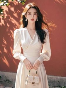 QFN | Đầm Satin Trắng Pháp Elegance Cho Phụ Nữ Mùa Thu