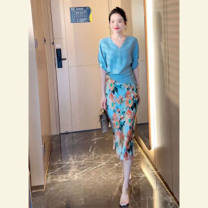 SHANGSHA | Elegant Ladylike Graceful Blue Floral Dress Set