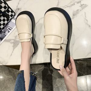 Forest System Large round Head Slip-On Shoes Cute Embellishment Retro Thick Bottom Platform Half Slippers for Women Korean Style