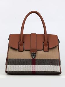 Aidrani | Canvas and Cowhide Leather Women Satchel Bag Plaid Stripe Handbag with Push Lock Multi-Pocket Shoulder Purse for Travel