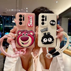 Oppo Find N Phone Case Cartoon Skin Feel Shell Strawberry Bear Foldable Screen Matte Protection Cover Creative Knitted Rope