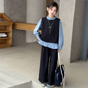 MPW | Fashionable Korean Style Three Piece Set For Girls Autumn Wear Childrens Clothing Shirt Vest Pants Suitable For Ages 3-14