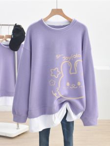 Trendy plus Size Fake Two-Piece Hoodie Womens Design Sensation Niche Autumn Winter Outerwear Top Korean Style round Neck Long Sleeve