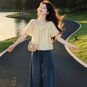 Shalldoer | Beautiful Elegant Set Short Sleeve Chiffon Blouse Wide Leg Denim Pants