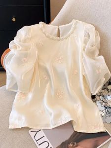 Plus size women clothing 150.00kg Heavy Industry Embroidery Pearl Collar Shirts Chubby Girl Summer Loose Age Reducing Puff sleeve Top Tide 2