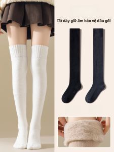 JINGCHI | Tất ống dài lót lông cừu dày dặn cho nữ mùa đông ấm áp chống trượt dài đến đầu gối quần legging bằng vải nỉ