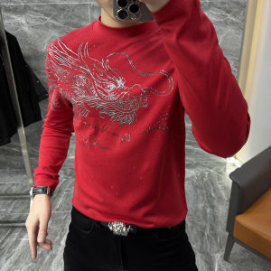 Spring 2025 Mens Slim Fit Casual Long Sleeve Base Shirt New Year Dragon Pattern Embroidered Cotton Polyester Blend Sweatshirt