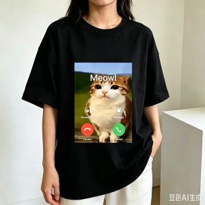 Sanrio | Meowl Is Calling Phone Call Meme Brainrot Funny Cat Owl T-shirts Women Clothing Fashion Harajuku Short Sleeves Cotton T Shirts