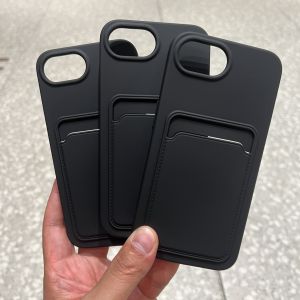 Thickened Pure Black Silicone Phone Case with Card Holder for iPhone 16E Mens Convenient Card Cleaning Full Cover Drop Protection