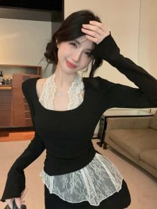 GUZILIAN | Irregular Lace Off-Shoulder T-Shirt for Women Autumn Winter New Style Slimming Underwear