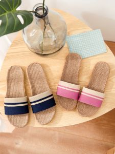 รองเท้าแตะผ้าลินินฤดูร้อนสำหรับผู้หญิงในบ้าน กันลื่น รองเท้าแตะ EVA สำหรับพื้นไม้ รองเท้าแตะผ้าฝ้ายระบายอากาศได้ดีสำหรับฤดูใบไม้ผลิและฤดูใบไม้ร่วง