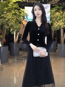 Elegant French Velvet Outfit Top Half Skirt Black Mesh Long Dress Slimming Ladylike Style Two Piece Set V Neck Long Sleeve
