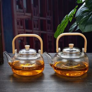 1000ml Glass Teapot Chinese Tea Ceremony Clear Teapot with Filter Wood Handle for Electric Ceramic Stove Home Office Tea Maker