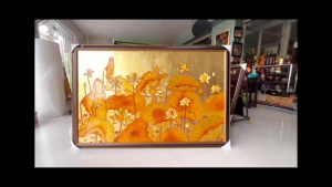 Tranh sơn mài - HOA SEN - Đắp nổi / Cẩn trứng / Nền dát vàng cao cấp - Size 174x114 cm ( size kèm khung)