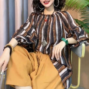 QINGNAER | Striped Vintage Plus Size Shirt Lightweight Summer Vacation Wear for Women
