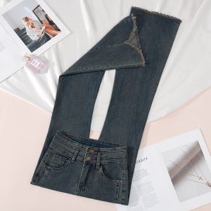High Waist Bell Bottom Jeans Womens Spring New Style Cement Grey Frayed Hem Retro Hong Kong Style Small Size Nine Points