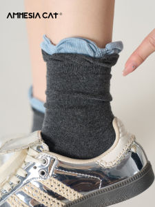 Grey Pure Cotton Mid-Calf Womens Socks with Lace Autumn Winter Trendy Japanese Ballet Style Flower Edge Long Tube Socks