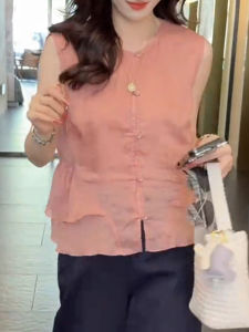 Shalldoer | Pink Slimming Summer Shirt Casual Loose Sleeveless Splice Womens Fashionable V-neck Breathable Thin Top For Young Girls