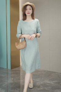 New 2025 Womens Mint Green Cotton Linen Dress Summer Holiday Pear Shape Casual round Neck Loose Waist Long Skirt Online Exclusive