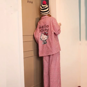 Korean Chill Soft Cotton Womens Casual Plaid Kitty Print Pajama Set- Breathable Wearable Loungewear