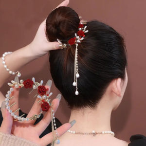【Muswannas】Pearl Rose Tassel Ponytail Button Hairpin Back of The Head Meatball Head Plate Hairclip Headdress Hair Accessories
