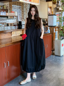 ชุดเดรสยาวทรงเอเอวสูงสีน้ำเงินเข้ม แขนกุด ทรงหลวม แฟชั่นฤดูร้อน 2025 ชุดเดรสยาวสไตล์เกาหลีสำหรับผู้หญิง