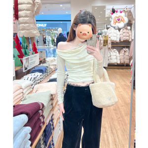 BINKAFENNY | French Sweet Lace Splice Knitted Top Womens Autumn Waist Cinching Shoulder Exposure Short Style Oscillating Collar Blouse