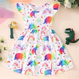 New Dinosaur Unicorn Dress Kids Girl Clothes Summer Short Sleeve Casua Fashion Birthday Baby Girl Dress 2 3 4 5 6 7 8 Years Old