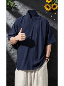 ZHUOCAN | Indigo Linen Chinese Style Short Sleeve Shirt Men Summer Mandarin Collar Right Slit