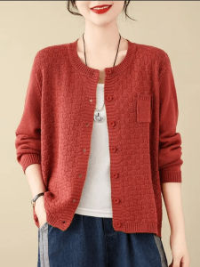 เสื้อคาร์ดิแกนถักแขนยาวหลวมๆ สไตล์เรียบง่ายสำหรับผู้หญิงในฤดูใบไม้ร่วง เสื้อคลุมกันหนาวแบบสวมหัวที่สวมใส่สบายและมีสไตล์