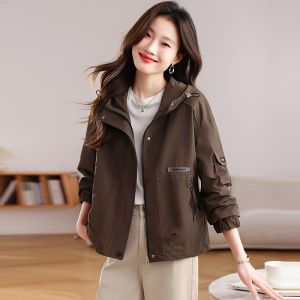 Spring Casual Loose Womens Jacket Elegant Ageless Top Coat Fashionable Commute Zipper Pocket Long Sleeve Hooded Cotton Polyester