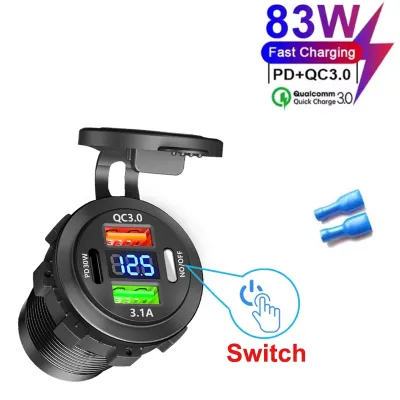 NEW 83W PD QC 3.0 USB Car Charger with Voltmeter and Switch Socket Power Outlet Adapter Waterproof for 12V/24V Car Boat