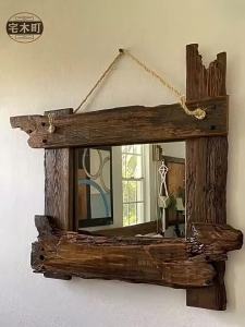 Japanese Wabi Sabi Style Wooden Wall Mount Square Mirror