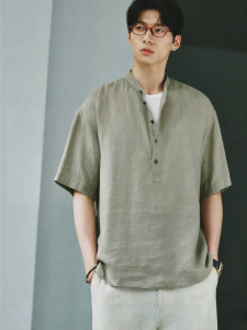 MIANXIANSHENG | Pure Linen Stand Collar Short Sleeve Mens Summer Henley