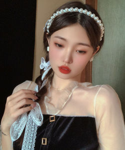 French Vintage Pearl Hairband Silk Ribbon Braid Lace Floating Headband Girl Photography Hairband Japanese Style Hair Rope Accessory