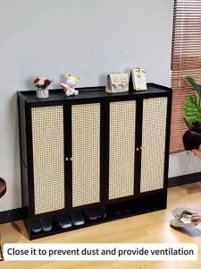 Bamboo mall Shoe Cabinet Multi-Layer With Rattan Door Breathable Bamboo Black Shoe Rack Organizer