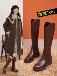 Korean Style High-Top Womens Boots Inner Heightening Long Boots Winter Waterproof Rubber Sole round Toe Leather Boots
