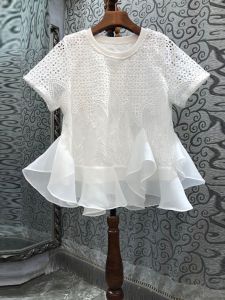 French Lace Trim Splice Embroidered Hollow out Short Sleeve Womens Shirt Summer New Design Sensation Small Audience Trendy Top