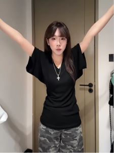 plus Size Womens T-Shirt V-Neck Short Sleeve Slimming Batwing Sleeve Top Korean Style Commute Fashion Summer Casual Wear