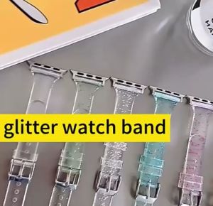 Slim Ladies Glitter Transparan Strap Sport Band Apple Watch 41mm 40mm 38mm Series 1 2 3 4 5 6 7 8 9 SE Tali Bening Gliter Lady iWatch Cewek Wanita Perempuan Rubber Smart Watch Jam Tangan Pintar