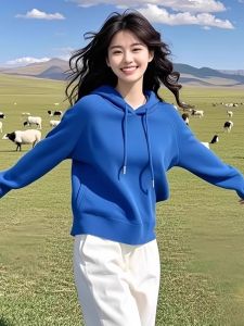 Klein Blue Hooded Long Sleeve Sweatshirt Womens Loose Slimming Beautiful Top Korean Style Casual Comfortable Online Exclusive