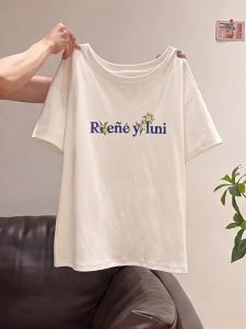 White Print Ice Silk T-shirt Short Sleeve Loose Fitting Crew Neck