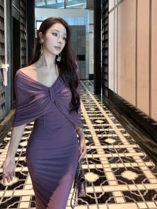 ฝรั่งเศส เรียบหรู สีม่วง ไม่มีสาย เดรส เซ็กซี่ พรางหุ่น กระโปรงรัดรูป ชุดบอล เดรส สูง เอว ผ้าตาข่าย โพลีเอสเตอร์ ไฟเบอร์