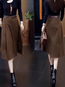 กระโปรงทรงเอผ้าขนสัตว์ยาวปานกลางสำหรับผู้หญิง ฤดูใบไม้ผลิและฤดูใบไม้ร่วง กระโปรงทรงร่มเอวสูง สีพื้น ผ้าผสมอื่นๆ 100%