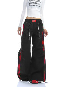 American Style Casual Pants Womens Loose Straight Leg Wide Leg Floor Length Trousers Sporty Stripe Pattern Workwear