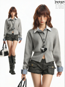EVPGB | Americana Style Grey Knit Womens Polo Collar Faux Layer Sweater