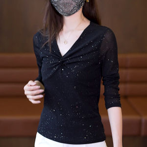 Womens Long Sleeve Mesh Base Shirt Slim Fit Inner Wear Black V-Neck T-Shirt Fashionable Versatile Base Layer Top